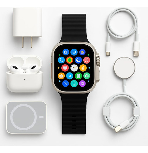 Kit Smartwatch X8 Ultra Pantalla 2.08 Notificaciones Salud Blanco Ocean Band Negro Gris