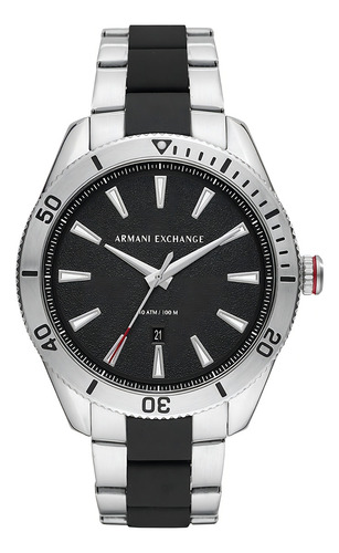 Relógio Armani Exchange Ax1824 em aço extensível com pulseira de borracha, cor prateada, moldura, cor de fundo prateada, cor de fundo preta