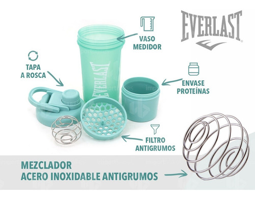 Imagen 3 de 10 de Vaso Batidor Shaker Everlast Mezclador Proteinas Con Filtro