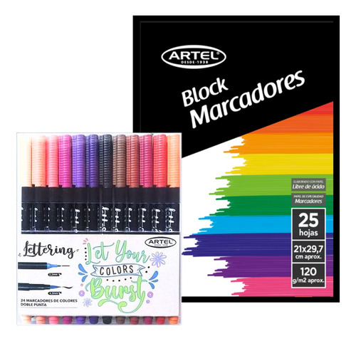 Pack Marcador Doble Punta24 Colores Lettering + Block 25hjs