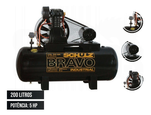 Compressor De Ar 20pes 200litros Bravo 5cv Trifasico Schulz