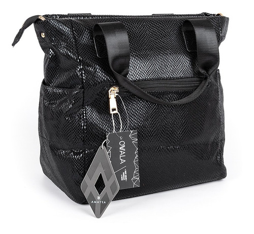 Imagen 4 de 6 de Cartera Mujer Amayra Tote Bag Grande Cierre Negra Brillante