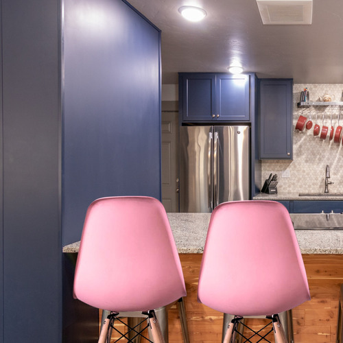 Set 2 Sillas Eames Comedor Altas Banco Cocina Minimalista Estructura de la silla Madera Asiento Rosa Diseño de la tela Liso