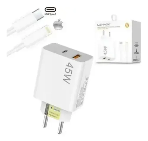 CARREGADOR DE CELULAR LEHMOX IPHONE TURBO 45W USB+USB-C LE-405 A+IOS