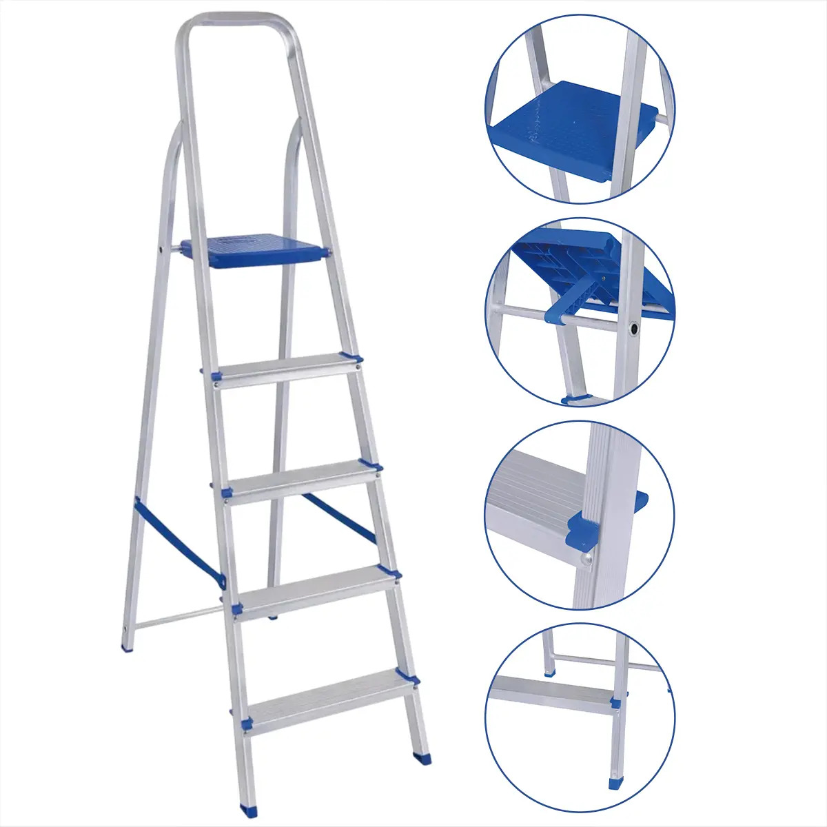 Escada Alumínio 5 Degraus Mor Prateado/azul Tesoura Prateado/azul