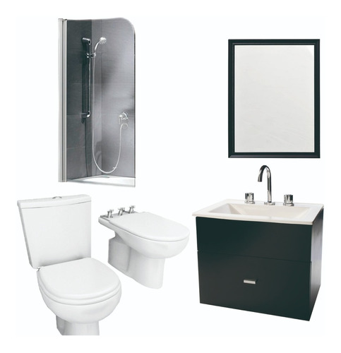 Combo De Baño Simple Mampara Espejo Inodoro Y Vanitory 40cm