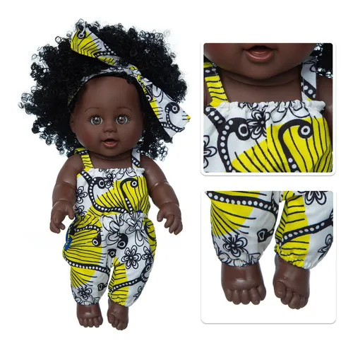 Pele negra realista Preto Preto Boneca Bebê Bonito Curly Cabelo  Encaracolado Saia de renda vinil bebê brinquedo presente presente vestir  boneca