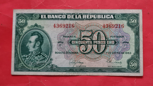 Billete De Cincuenta Pesos 1947 Colombia.