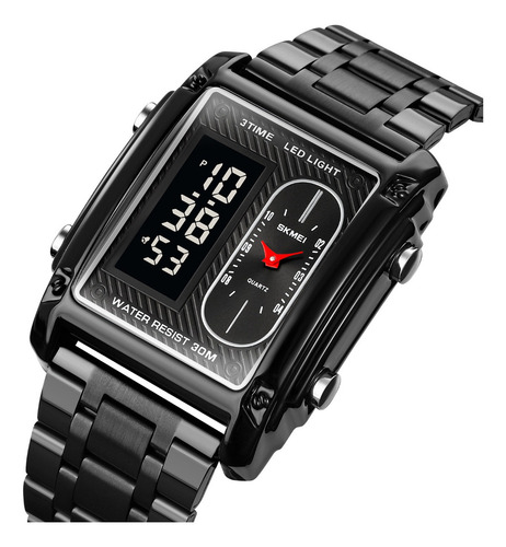 Skmei 1868 Reloj Rectangular Acero Inox Digital Y Manecillas Correa Negro