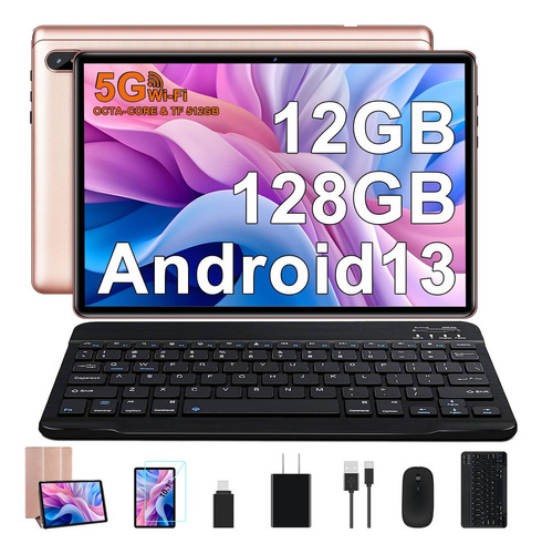 Tablet FACETEL 10 Pulgadas Android 13 Octa Core 2.0 GHz 12GB RAM  128GB ROM 1TB TF 5G WiFi Bluetooth 5.0  Cámara 5MP 8MP HD IPS Tablet  Teclado  Raton  Oro Rosa