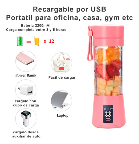 Licuadora Mini Con Vaso Recargable Portatil Usb Gym Oficina