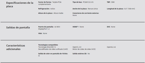 Tarjeta De Video Amd Firepro W4100 2gb Directx12, Opengl 4.6 (Usado)