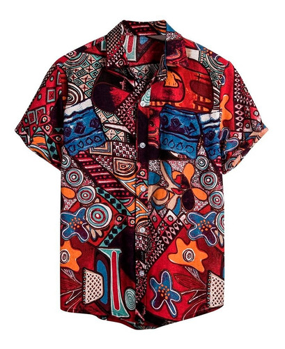 Camisa Hawaiana Con Estampado De Lino De Manga Corta Étnica 