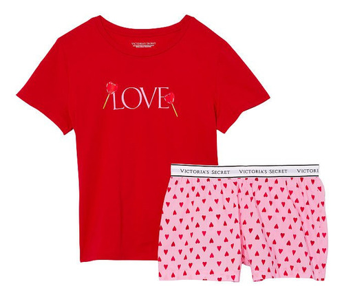 Pijama Remera Shorts Rojo Corazones  S M Victoria's Secret