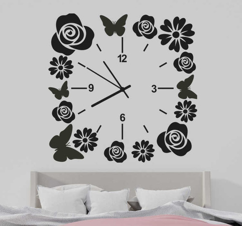 Vinilo Adhesivo Reloj De Mariposas Y Flores Pared Vinil