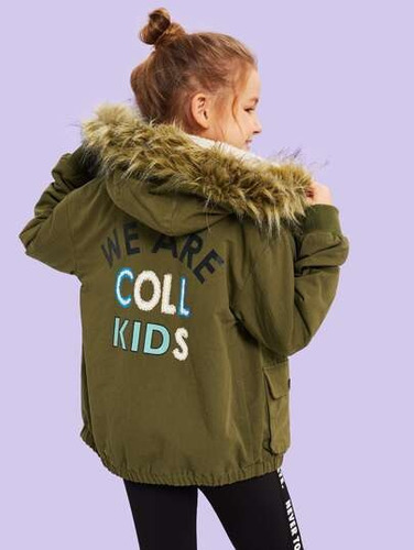 Chaqueta Niña Verde Diseño Espalda Capucha Pelos Shein