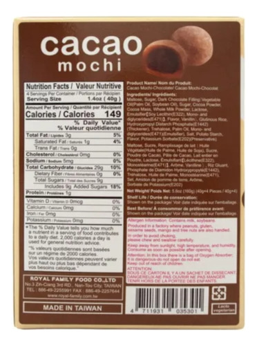 Mochi Sabor Cacao Relleno De Chocolate Royal Family 160 G