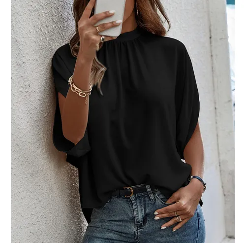 Women Top Loose Fitting Tie Back Short Sleeve Casual Batwing