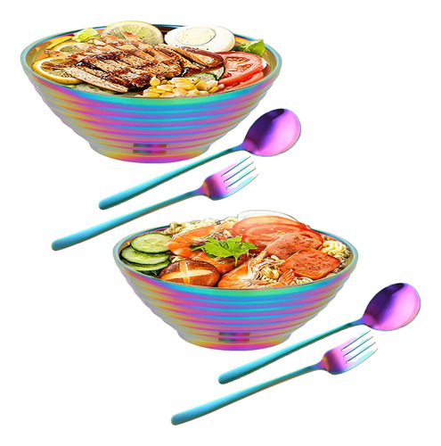 Tazon Sopa Fideo Juego 2 Cuenco Acero Inoxidable Arcoiris 7 