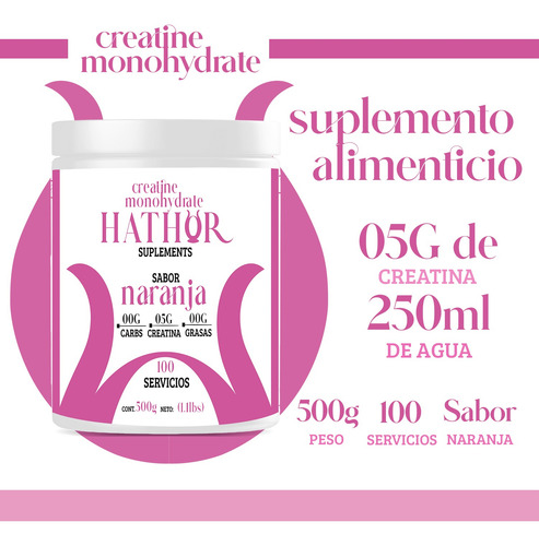 Creatina Monohidratada 500g Hathor En Polvo Varios Sabores Naranja