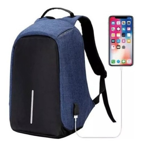 Mochila Reforzada Azul Antirrobo C/multiples Bolsillos Usb