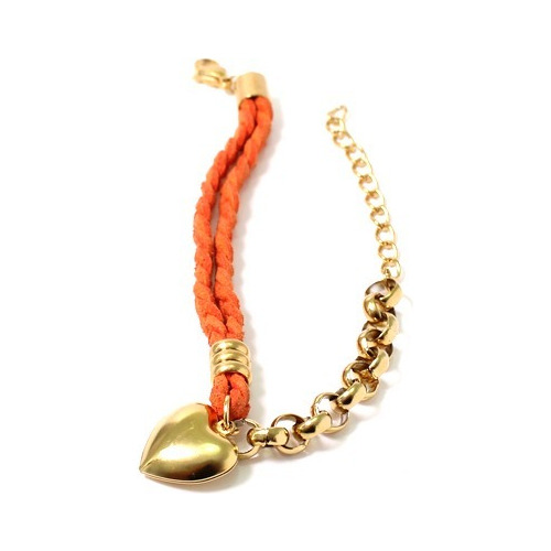 Pulsera De Hilo Grueso Naranja Con Dije De Corazon