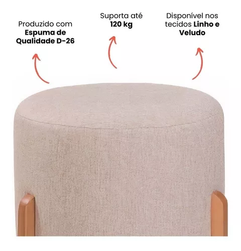 Puff Sala Quarto Redondo Decorativo Linho Veludo Classic - R$ 309,9