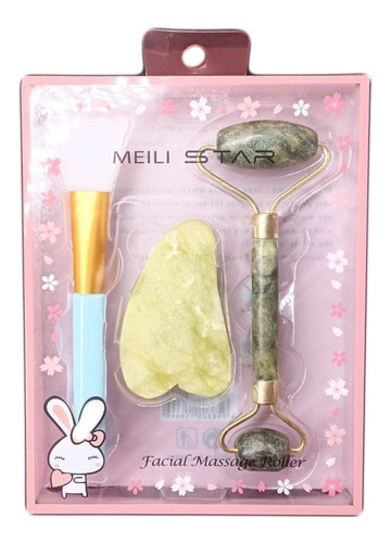 Kit Espátula + Roler + Guasha Pedra De Jade Para Skincare