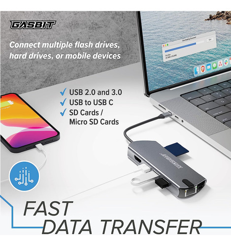 Hub Usb-c 8 En 1 Gasbit A Hdmi Usb 3.0x3 Lector Sd Ethernet