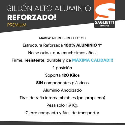Imagen 3 de 7 de Sillon Aluminio Reforzado 120 Kg Tiras Rafia Alumel Calidad