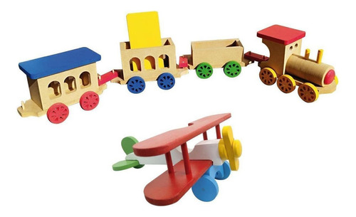 Kit Brinquedo Mad Aviãozinho + 1 Trenzinho + 3 Vagões Color