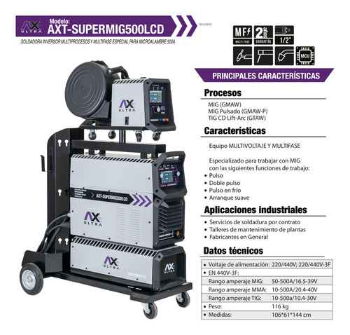 Soldadora Mig/mag 500a Industrial Axtech Axt-supermig500lcd