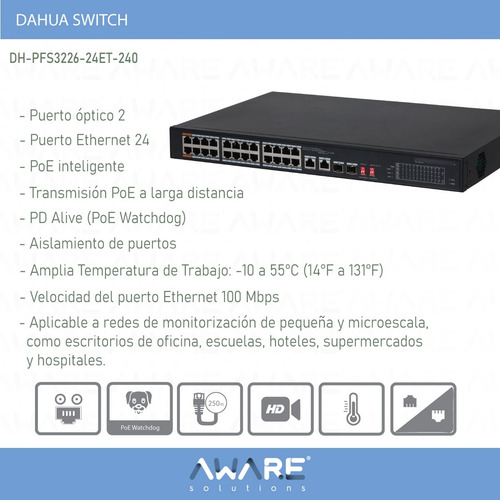Switch Dahua 26 Puertos 240w 24-poe-10/100 2-combo-1000