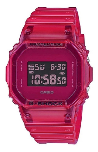 Reloj de pulsera Casio G-Shock DW5600 de cuerpo color rosa, digital, fondo rosa, con correa de resina color rosa, dial rosa, minutero/segundero rosa, bisel color rosa, luz azul verde y hebilla simple