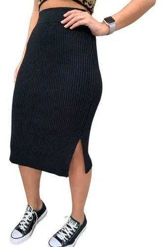 Saia L pis Tricot Canelado Fenda Modal Blogueira MercadoLivre