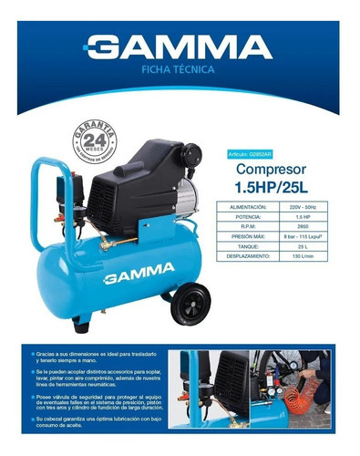 Imagen 4 de 4 de Compresor De Aire Gamma G2852ar 1,5 Hp 25 L 220 V - 50 Hz Color Celeste Fase eléctrica Monofásica