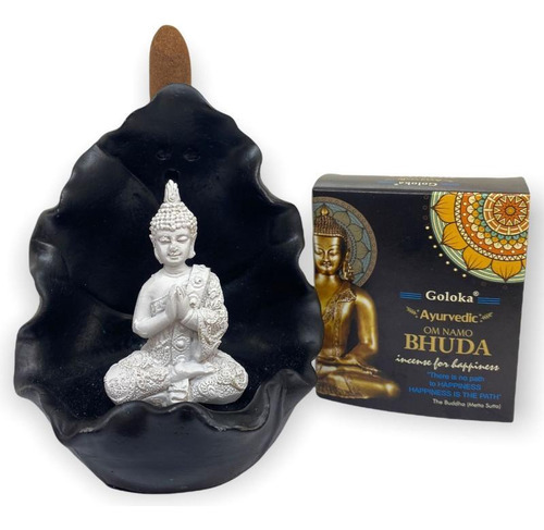 Incensário Cascata Gruta Folha Buda Mini Branco E Preto 11cm
