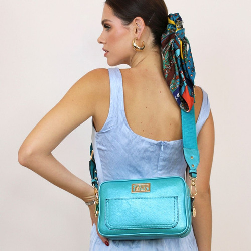 Bolso Para Mujer Mod. Ji2440 Marca Jaime Ibiza® Acabado De Los Herrajes Níquel Color Turquesa Correa De Hombro Turquesa Diseño De La Tela Lisa