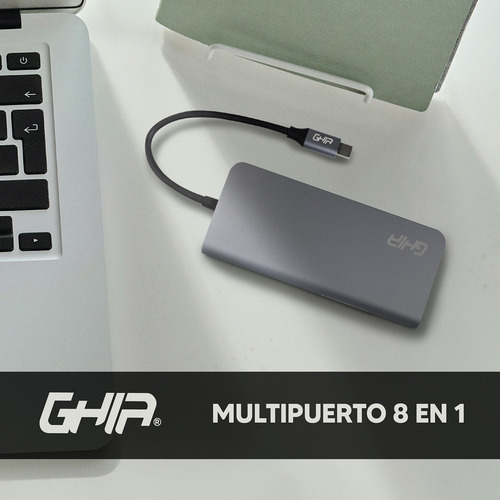 Adaptador Multipuerto Ghia 8 En 1 Usb 3.1 Tipo C A Hdmi Rj45