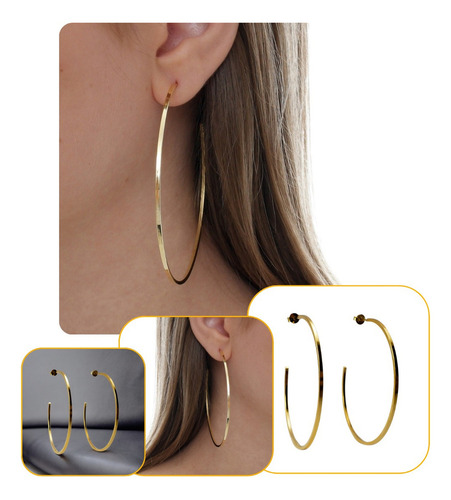 Brinco Argola Grande Gabs Folheado Ouro 8cm Fio Dourado