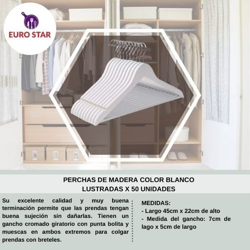 Imagen 2 de 10 de Perchas De Madera Color Blanco Lustradas X 50 Unidades