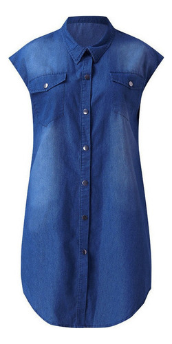 Vestido Camisero De Mezclilla De Color Sólido Para Mujer Mod