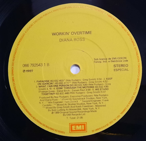 Lp - Diana Ross - Workin' Overtime - C/encarte - 1989 - Emi (Usado)