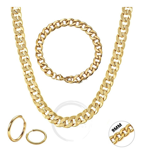 Pack X3 Collar + Pulsera + Aros De Mujer Acero Dorado 10mm