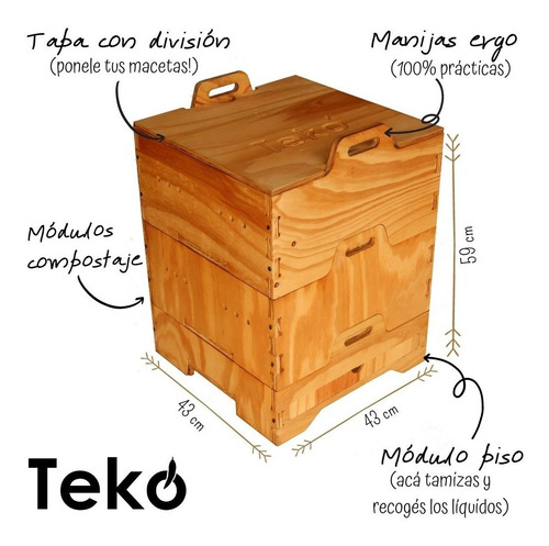 Compostera Doméstica De Madera 3/4 Personas Tekó 2 Modulos