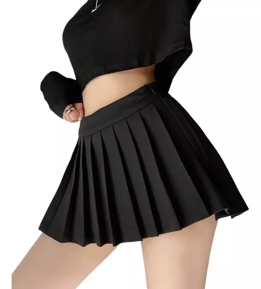 Mini Falda Tableada Negra Casual Corta Plisada