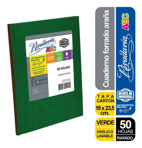 Cuaderno Tapa Dura Rayado 50h Abc Aula Universal Verde