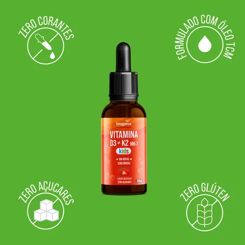 Vitamina D3 + K2 Mk-7 Kids, Em Gotas, Sublingual D3 2000ui | K2 100 mcg, Sabor Morango, 20 ml, Biogen