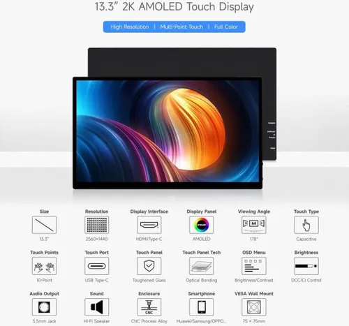 Pantalla Táctil Waveshare 2k Amoled De 13,3 Pulgadas, 2560 ×