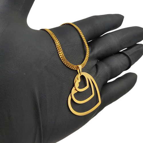 Colar Gargantilha Feminina Choker Tungstênio Trio Coração Cor Dourado